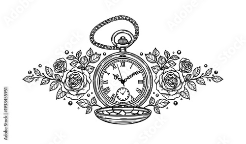 Vintage pocket watch with ornamental floral frame black and white line art vector illustration