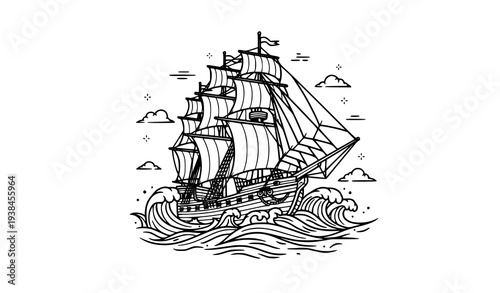 Vintage sailing ship on ocean waves black and white line art vector illustration isolated on white
