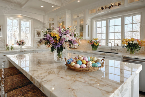 White modern kitchen interior, with kitchen island decorated elegantly for Easter with Easter eggs and spring flowers on the counter top	