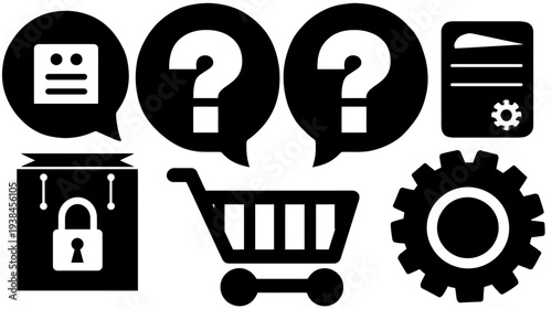 Essential digital service icons: secure data, question marks, shopping cart, file, and settings for business, technology, and support