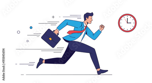 Stressed businessman in a professional blue suit runs quickly with a briefcase to meet an important deadline indicated by a red wall clock.