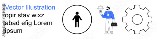 Business ideas, innovation, problem-solving, human resources, teamwork, productivity. A person inside a circle, a light bulb symbol and a gear. Innovation and problem-solving concept