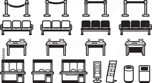 Elegant and minimalist vector illustrations of essential public amenities, including sleek rope barriers, comfortable seating, practical desks, and efficient service counters.