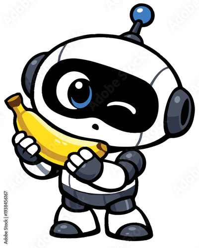 A curious robot trying to understand a banana as if it were alien technology. The concept blends simple humor with a cute robotic character.