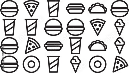 A minimalist grid of diverse food icons, inviting exploration of culinary delights. Ideal for designs related to food culture.