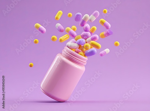 Pastel-colored pills and capsules spill from a pink plastic bottle against a purple backdrop