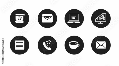 Business Communication and Office Digital Icons Set. Monochrome Symbols for Productivity, Technology, Email, Phone, Document, Computer, Coffee.