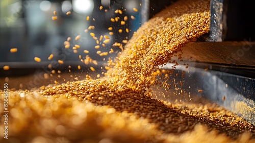 Close up of golden rice bran cascading out of a milling machine in dynamic motion with grains scattering mid-air highlighting the industrial extraction process for food processing or agricultural