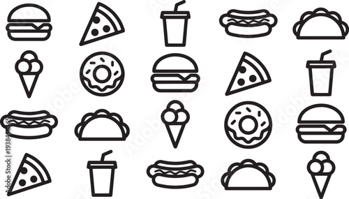 Collection of food icons featuring burgers, pizza slices, hot dogs, and more, offering a versatile visual resource for menus and culinary themes.