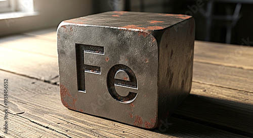 A metal cube on a wooden table depicting the letters FE