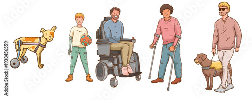 Set of diverse children with disability together. Collection inclusive people vector cartoon flat illustration. World disability day. man in a wheelchair, blind boy, people with prosthesis, vector ill