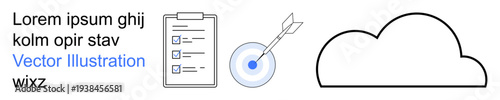 Goal setting, productivity, cloud services, business planning, data management, online collaboration. Features checklist, target with dart and cloud symbol. Goal setting and productivity concept