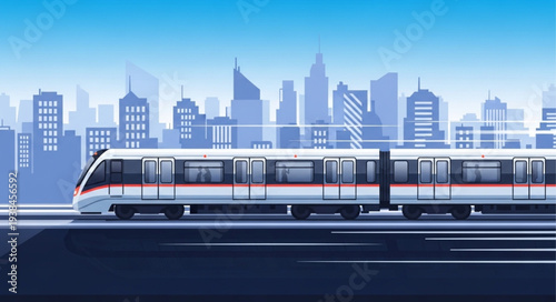 Modern High-Speed Train Moving Through Cityscape.
