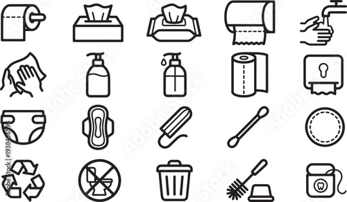 A collection of essential sanitary icons, elegantly rendered in a clean, modern design. A visual inventory of hygiene symbols, designed to inform, guide, and enhance communication.