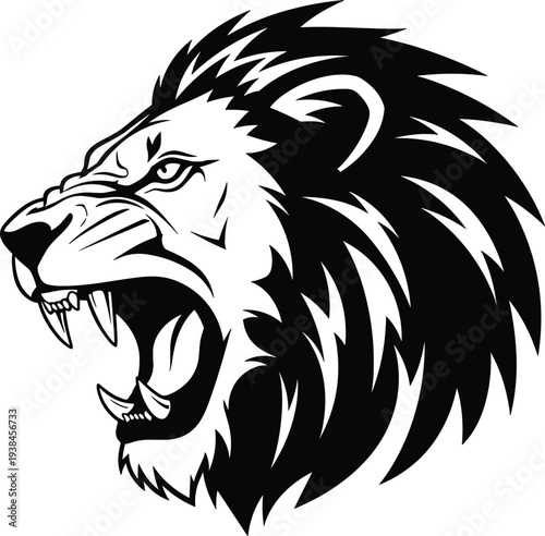 Roaring lion head silhouette vector illustration with fierce expression, bold mane design, wild animal artwork concept for strength, courage, leadership, wildlife symbolism