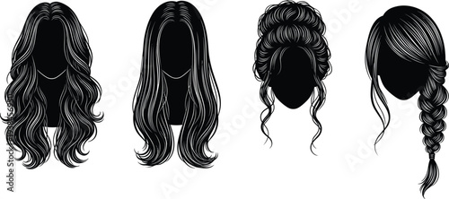 Women hairstyle silhouette vector illustration with wavy hair, straight style, elegant updo, side braid design, fashion beauty artwork concept for grooming, character design