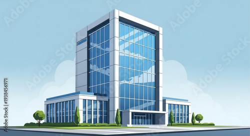Modern Glass Office Building with Reflective Windows.