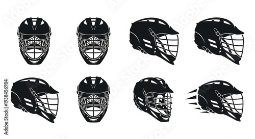 Collection of Lacrosse Helmets in Black and White Vector Graphics.