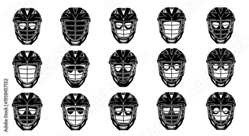 Collection of Lacrosse Helmets in Black and White.