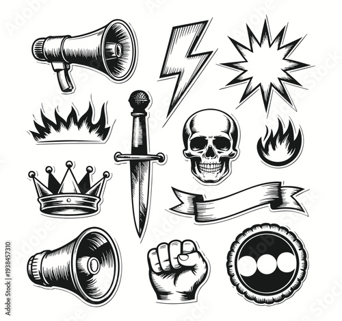 Set of rebel elements in vintage style isolated vector illustration with two megaphones a lightning bolt a crown a microphone a skull and a fist
