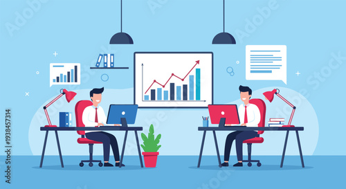 Two professional office workers cooperate at their desks in a modern workspace featuring financial growth charts and digital statistics reports.