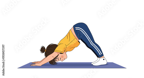 Focused little girl in athletic sportswear performs a downward facing dog yoga pose on a blue mat to improve flexibility and core strength.