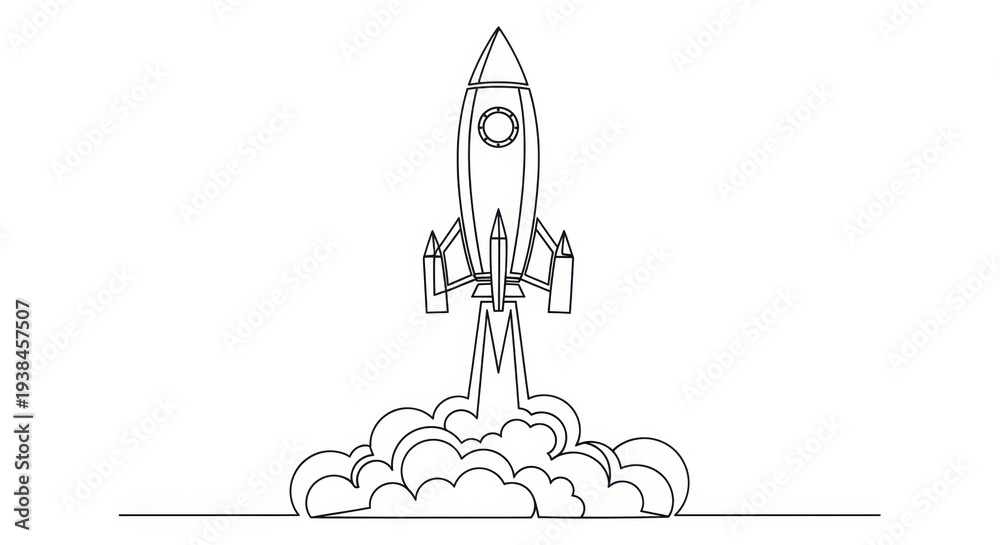 Fototapeta premium Rocket Launching into Space with Smoke and Flames, Minimalist Line Art