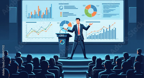 Business Presenter Giving Conference Presentation with Charts.