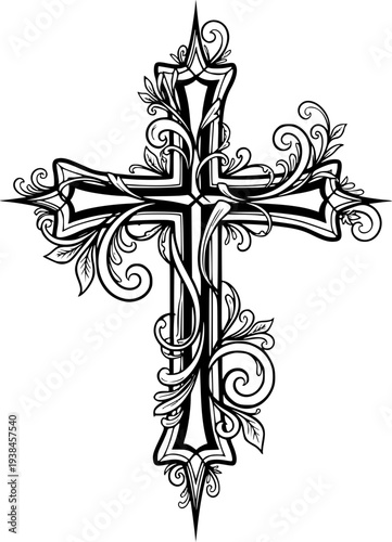 Ornate set of vintage Celtic cross vector illustrations featuring black floral patterns and antique swirl ornaments for tattoo design or decorative wallpaper elements