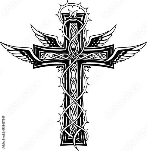 A vintage black silhouette of a tribal Celtic cross vector illustration featuring a gothic wing pattern and heraldic ornament design for a religious tattoo emblem or symbolic logo sign