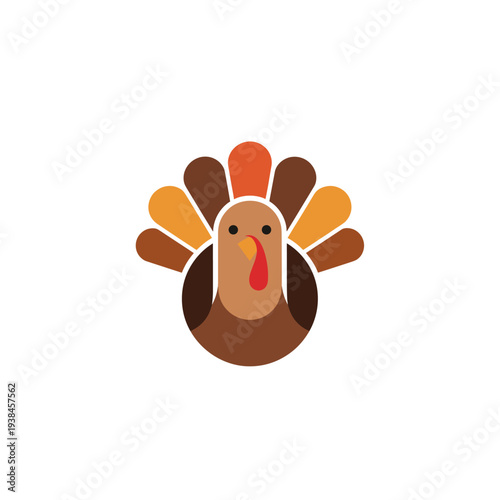 A simple, flat design illustration of a brown turkey with colorful tail feathers, facing forward on a white background, perfect for Thanksgiving.