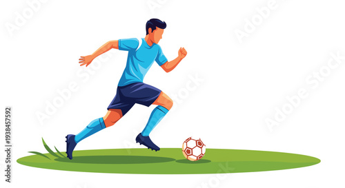 Professional soccer player in a blue uniform dribbles a white and red ball across a green field with speed and concentration during a sport match.