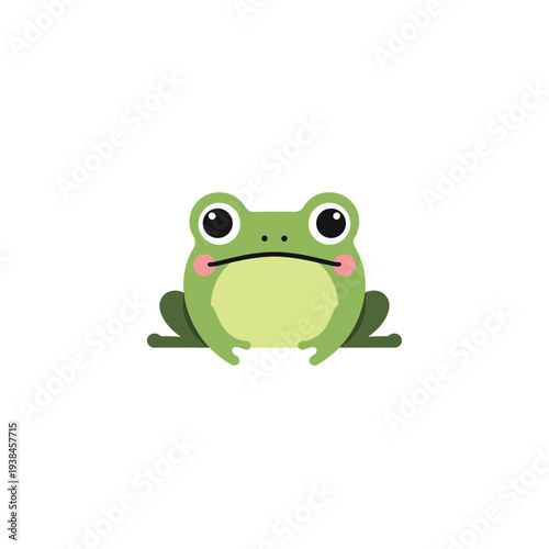 A cute, cartoon-style green frog with large black eyes and pink cheeks sits facing forward.