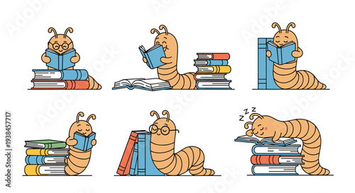 Collection of cute caterpillar bookworms reading and sleeping on colorful stacks of books to encourage a love for reading and education in kids.