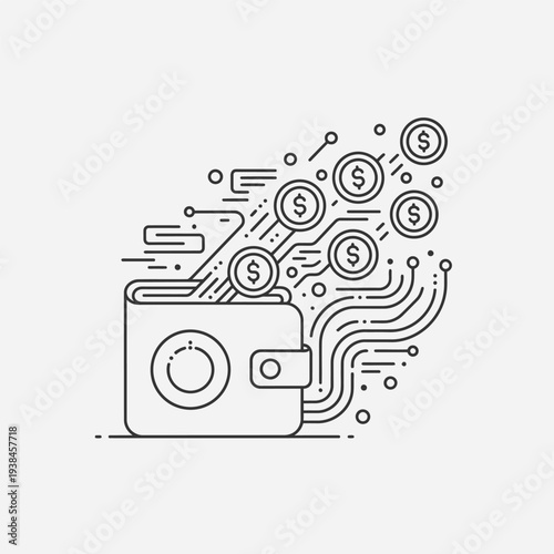 Digital Wallet Concept with Flowing Cryptocurrency and Financial Technology.