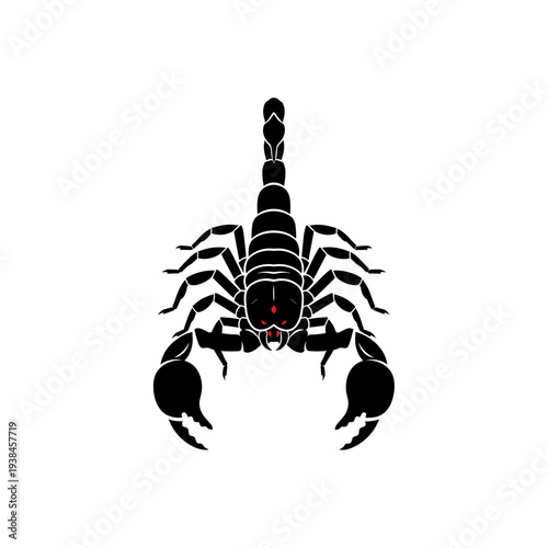 A stylized black scorpion with a red eye, depicted from a top-down perspective against a white background.
