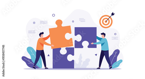 Two business professionals work together to connect large puzzle pieces symbolizing teamwork effective problem solving and strategic cooperation.