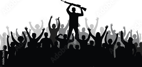 Armed protest leader silhouette above crowd with raised hands, revolution uprising concept, civil unrest demonstration people movement illustration