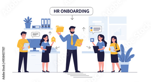 HR manager conducts an onboarding session for a group of new employees in a professional office with files and digital networking icons.
