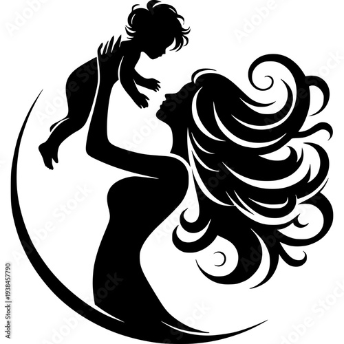 Motherhood Silhouette: A stylized silhouette of a mother and child, a beautiful illustration capturing the tender bond of motherhood and the joy of a mother with her baby.