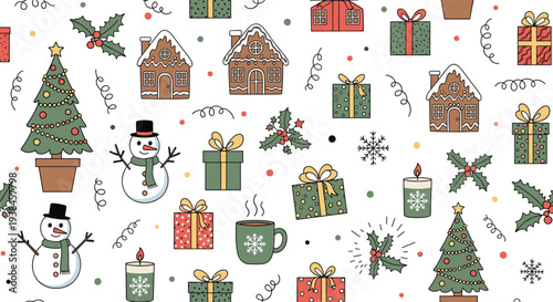 Colorful seamless Christmas pattern background featuring festive trees snowmen and gingerbread houses for a cozy winter holiday celebration.