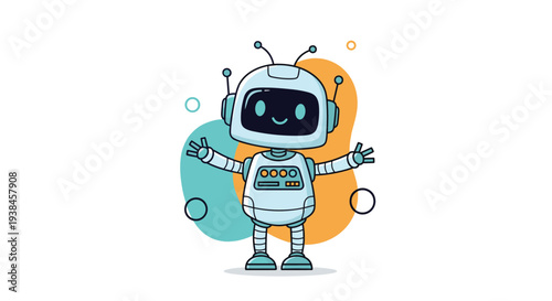 Friendly white and blue robot with a digital smiling face waves its hand against a colorful abstract backdrop to welcome technological future.