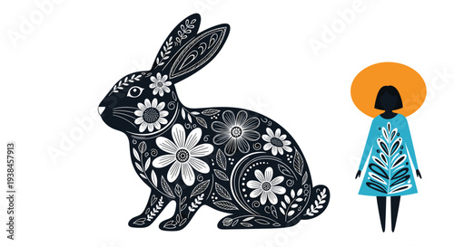 Artistic illustration of a large black rabbit decorated with white flower patterns sitting next to a woman in a blue dress with a golden halo.