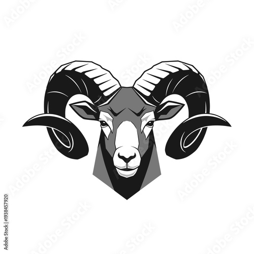 A striking black and white illustration of a ram's head with prominent, curved horns.