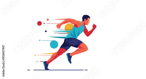 Dynamic illustration of an athletic man sprinting with colorful speed trails and geometric circles symbolizing peak performance and healthy life.