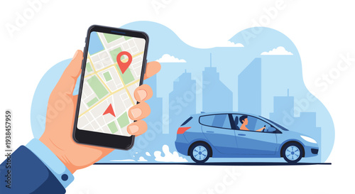 Hand holds a modern smartphone displaying a GPS navigation map with a blue car driving towards a destination in a stylized city landscape.