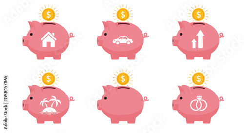 Set of six pink piggy banks with icons for various financial saving goals including buying a home a car retirement and wedding planning.
