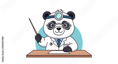 Professional panda character dressed as a doctor in a white lab coat with a stethoscope pointing to a chart while teaching a medical class.