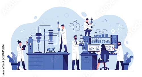 Team of professional scientists conducting diverse experiments and research within a large and modern chemical laboratory facility.