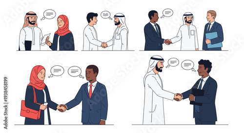 Comprehensive collection of business people from different cultures shaking hands and having discussions in various office meetings.